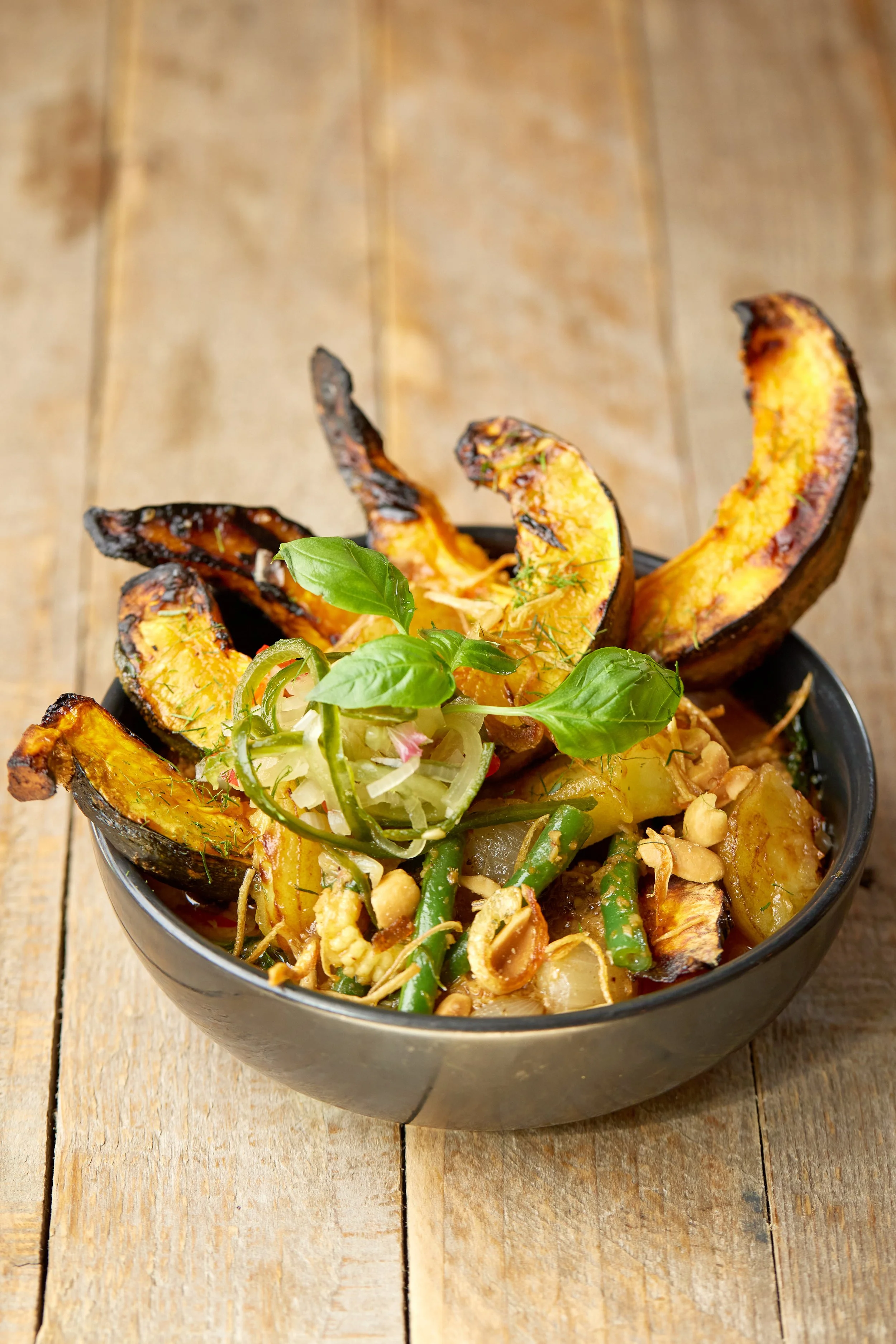 Roast pumpkin and apple massaman curry with peanuts, crispy shallots and jasmine rice