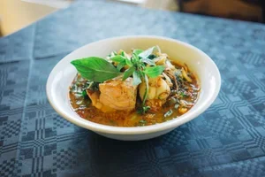 Cold smoked salmon jungle curry with pea aubergines, stink beans and Thai basil, recipe by Sebby Holmes