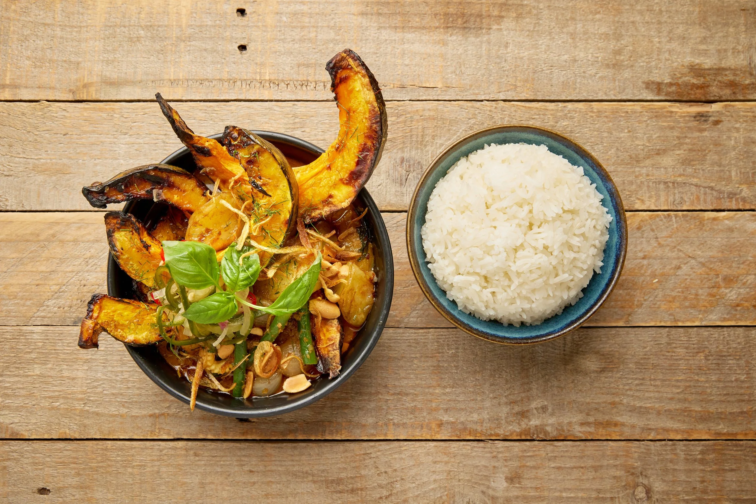Roast pumpkin and apple massaman curry with peanuts, crispy shallots and jasmine rice