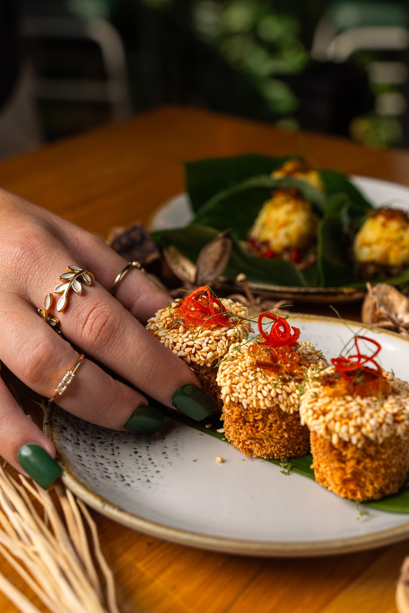 Curried pork and prawn toast, crusted in sesame and topped with chilli threads, recipe by Sebby Holmes.
