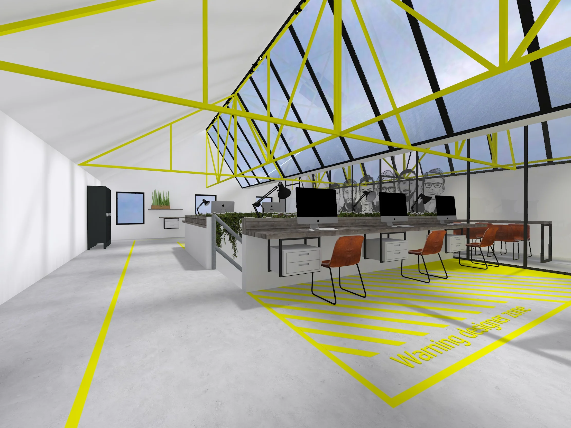 Werkdesks zijn rond het trapgat gevestigd,  daar is een oase van beplanting voorzien die op deze manier het ruwe aspect van het industriële met het frisse van de beplanting compenseert.