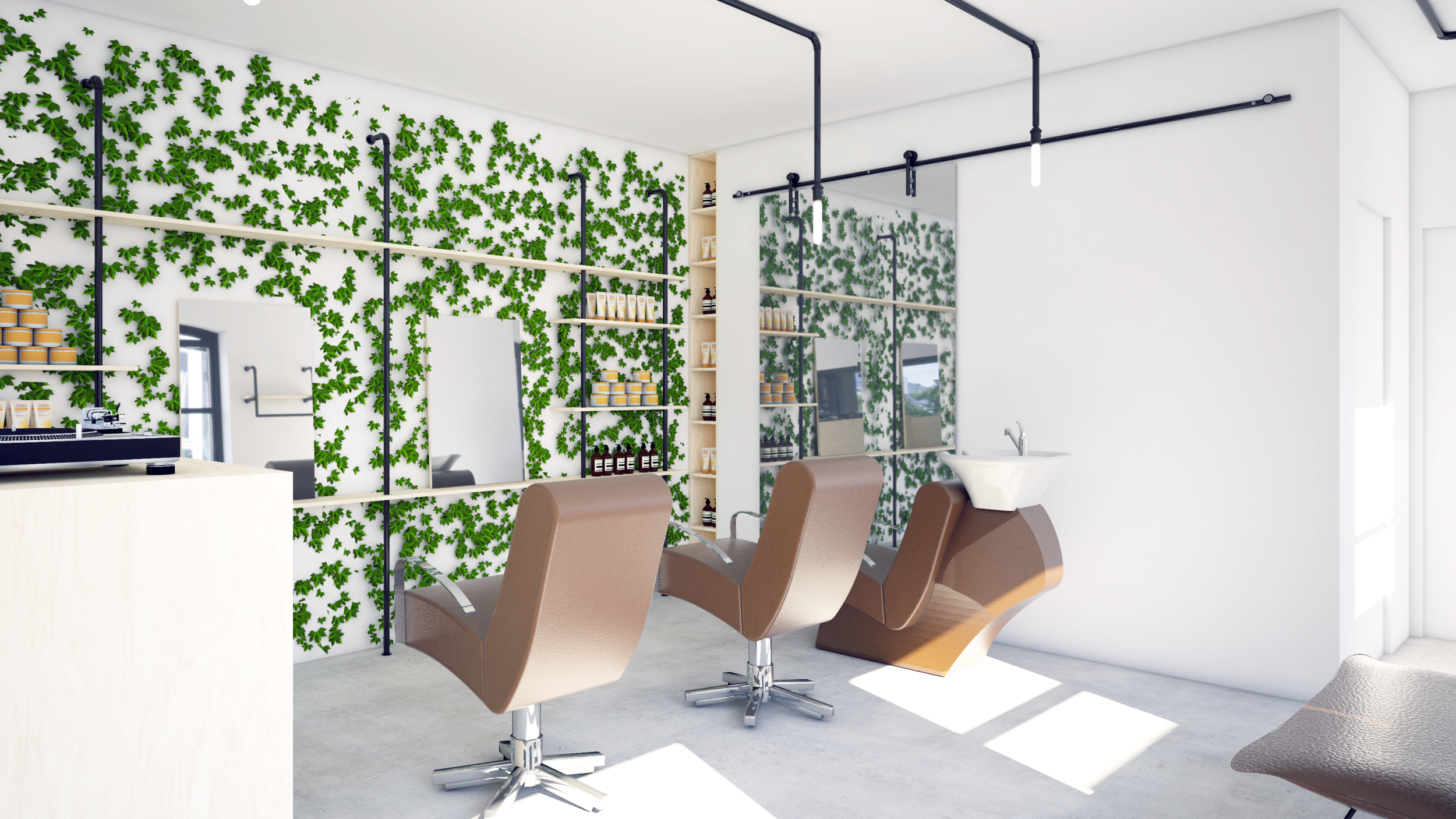 Inrichting van een kapperszaak in Gent, het doel van het ontwerp is de ruimte maximaal benutten en de aandacht trekken van buitenaf, zodat de klanten naar binnen worden gelokt.