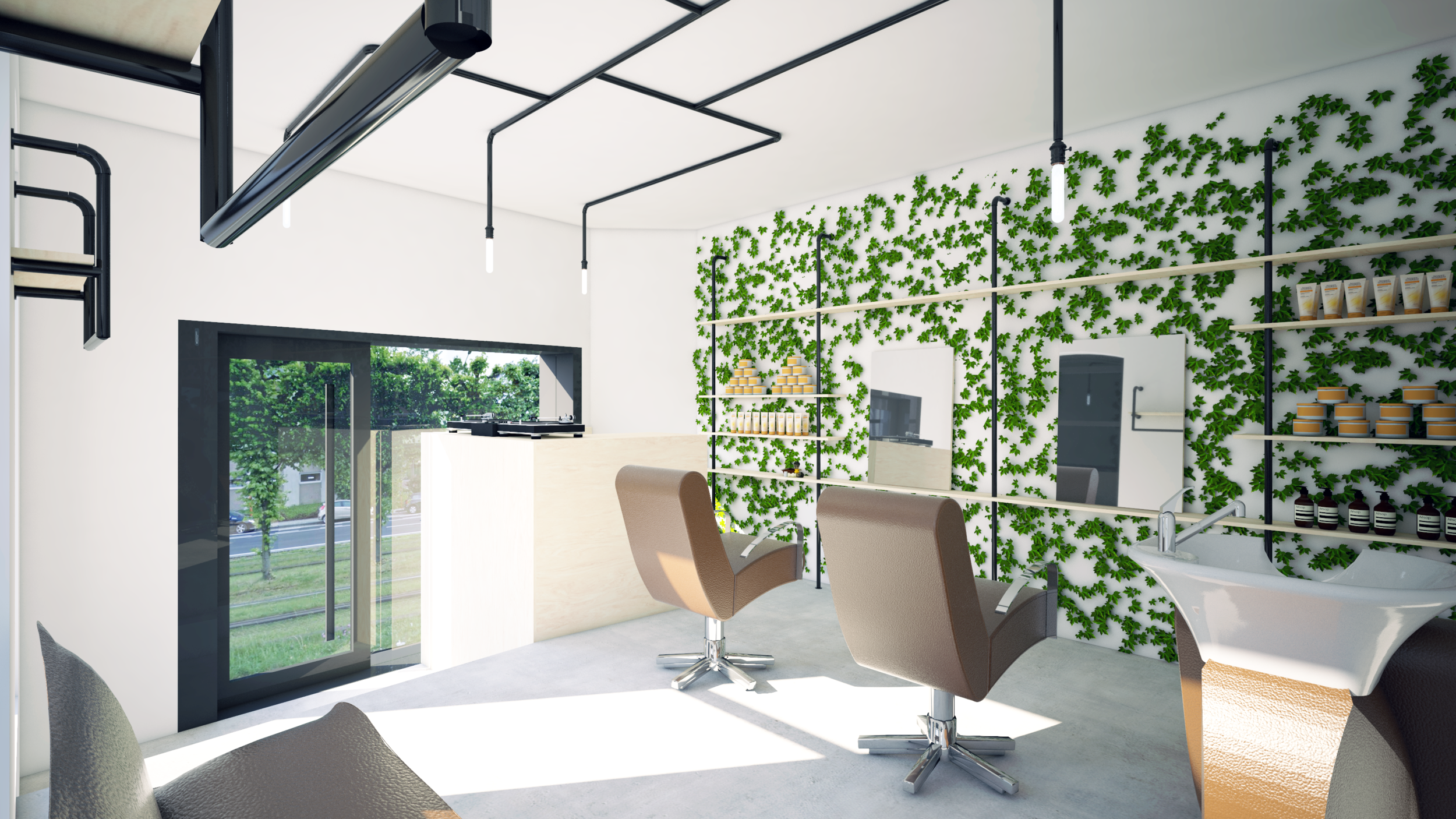 Moeilijkheidsgraad in het verschil tussen het straat- en grondniveau in de zaak. De custom made verlichtingselementen en de plantenwand werken als een trekpleister.