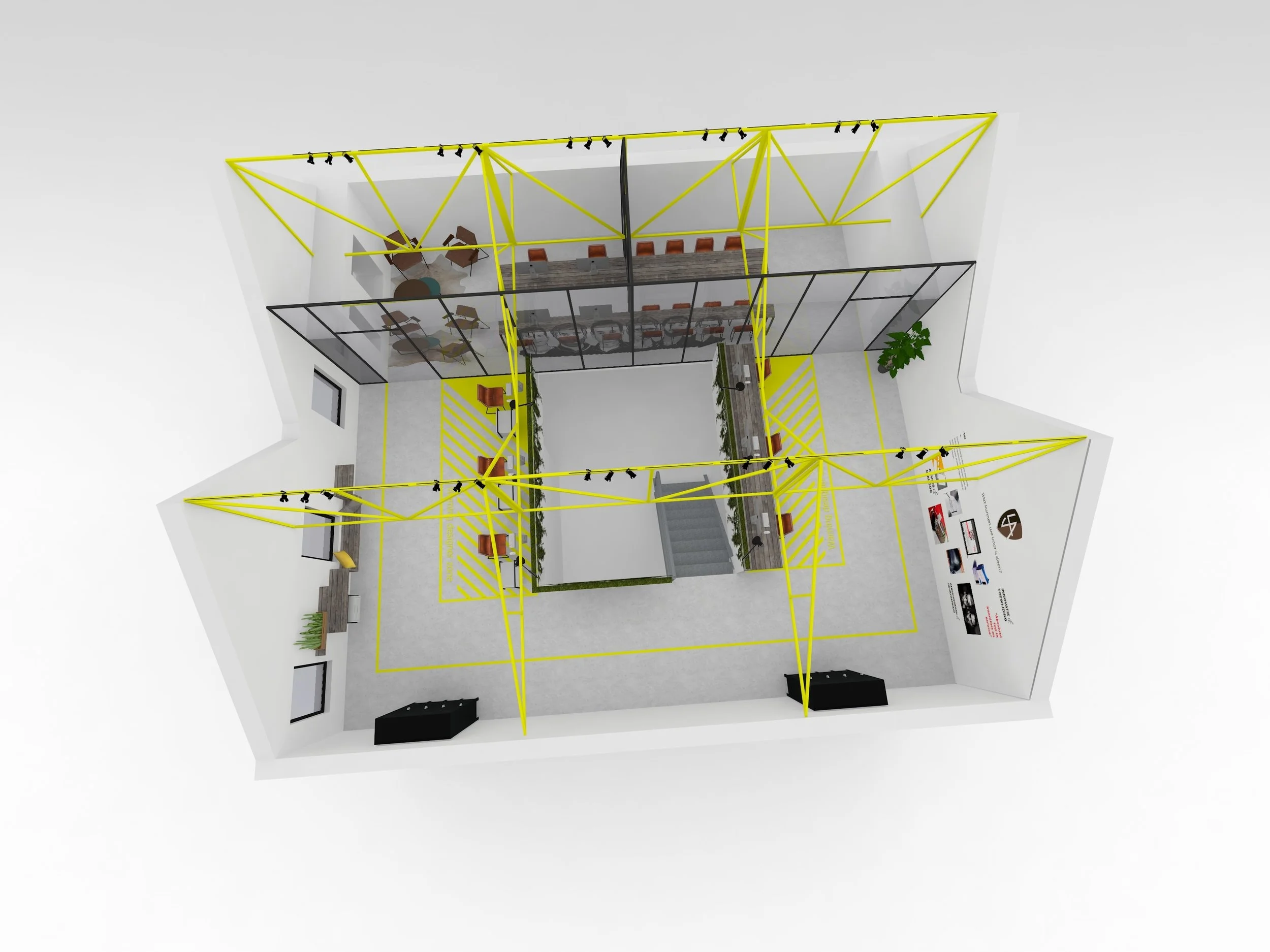 Conceptvoorstelling voor een Gents Grafisch Bureau, bij dit ontwerp is de nadruk gelegd op het behouden van de industriële kenmerken van het gebouw.