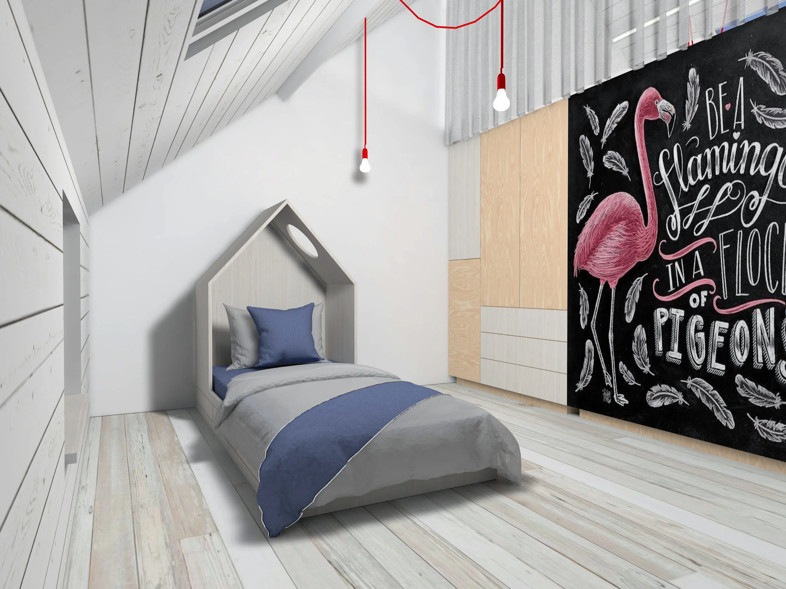 Inrichting van kleine zolder in Ledeberg waar door middel van een flexibele scheidingswand de zolder van 1 naar 2 kinderkamers kan omgevormd worden.