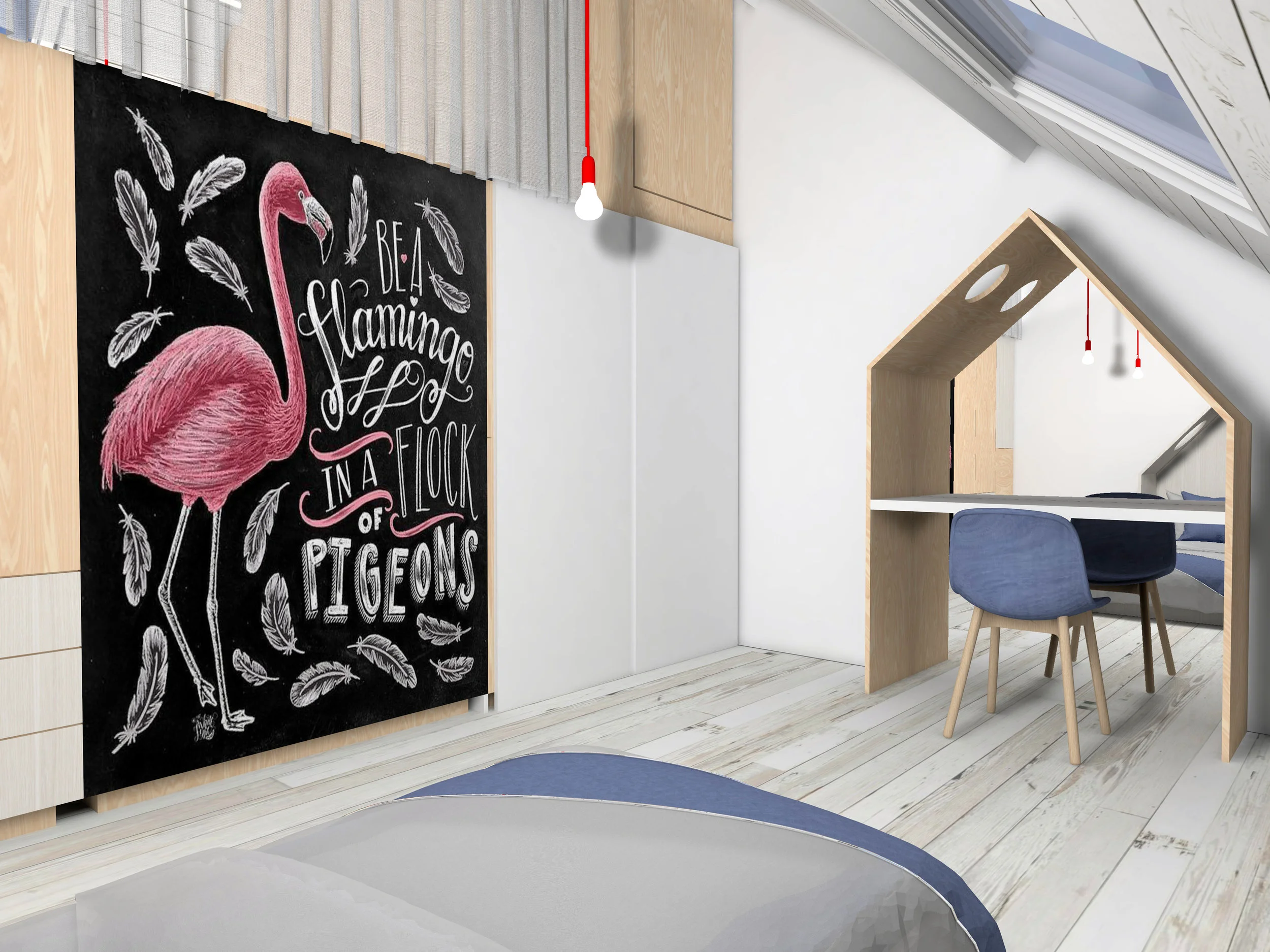 D.m.v. kasten op wielen vormen we de scheidingswand, waarbij elke kamer een kleerkast heeft. Elke kinderkamer heeft een bed en bureau in een speelse vorm.