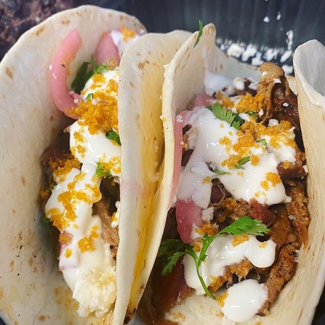 It's TACO TUESDAY!!
Choose from:
Mojo Pork Carnitas~ Chicharrones dust, Pickled Onion, Queso Fresco, Cilantro, and Lime Crema

Buffalo CBR~ Buffalo Chicken, Bacon, Ranch, and Lettuce

The Rabbit~ &quot;pulled&quot; BBQ Carrots, Black Bean Spread, and