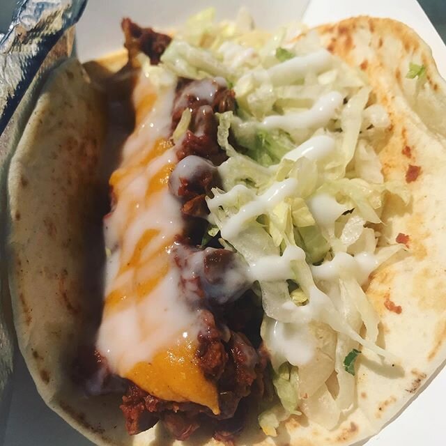 Say hello to this beauty! &ldquo;Beefy&rdquo; Chipotle Lentil Taco, with Vegan Nacho Cheese, Vegan Lime Crema and Lettuce. It is SO flavorful and filling, you wouldn&rsquo;t guess its 100% Vegan!  Come by and Get Fed!  SaucedandRubbed.com for easy On