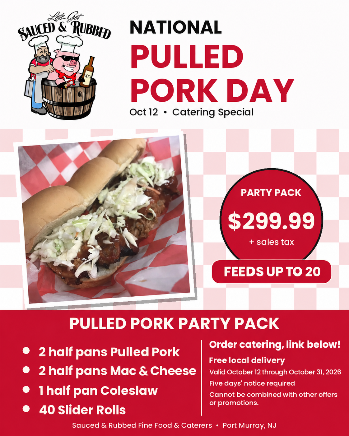 Pulled Pork Party Pack catering special available October 12 through October 31, 2026
