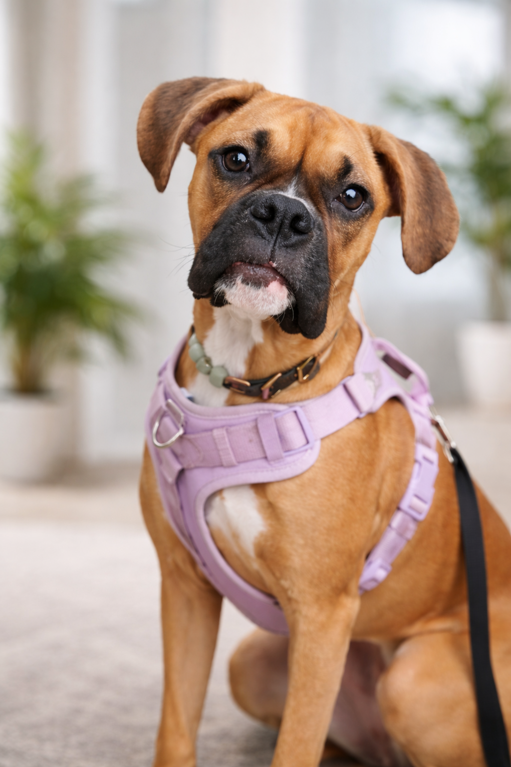 A brown dog with a black mask and white markings on its chest sitting outdoors on a weathered wooden log, wearing a purple harness and a beaded collar, against a background of pine needles.