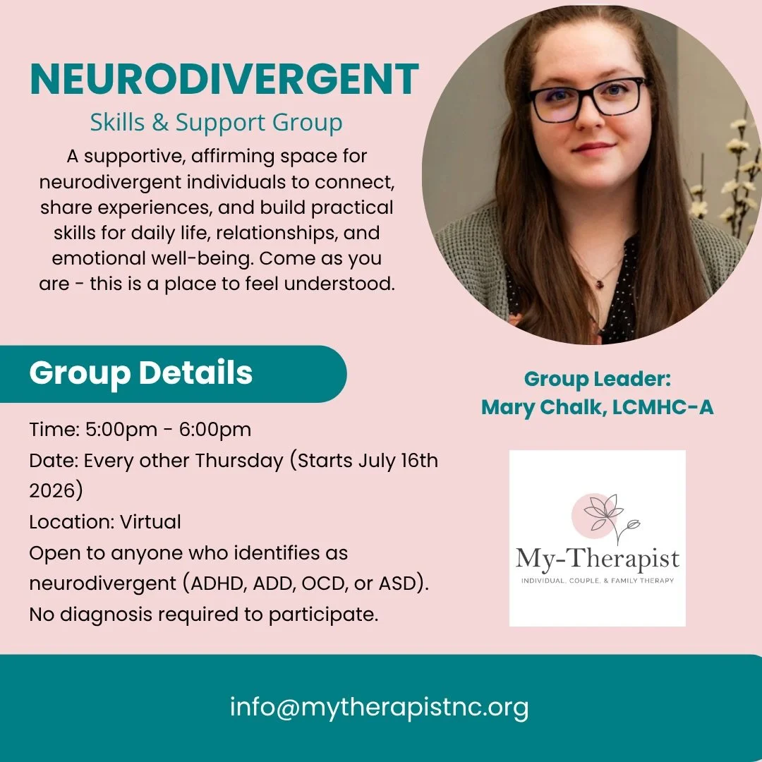 We are thrilled to share our new Neurodivergent Skills and Support Group with you!

This is a supportive, affirming space for neurodivergent individuals to connect, share experiences, and build practical skills for daily life, relationships, and emot