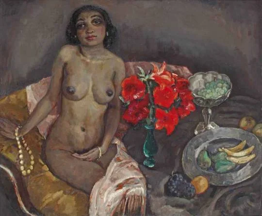 Jan Sluitjers, Seated Nude with Flowers and Fruits, 1927.