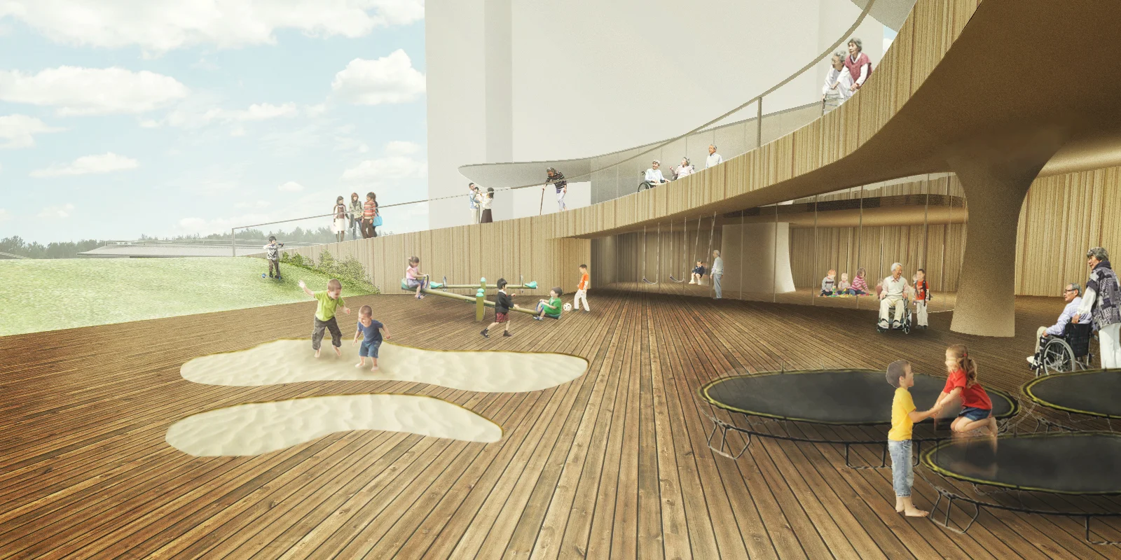 A : Playground for the children and Observing terrace for the elderly