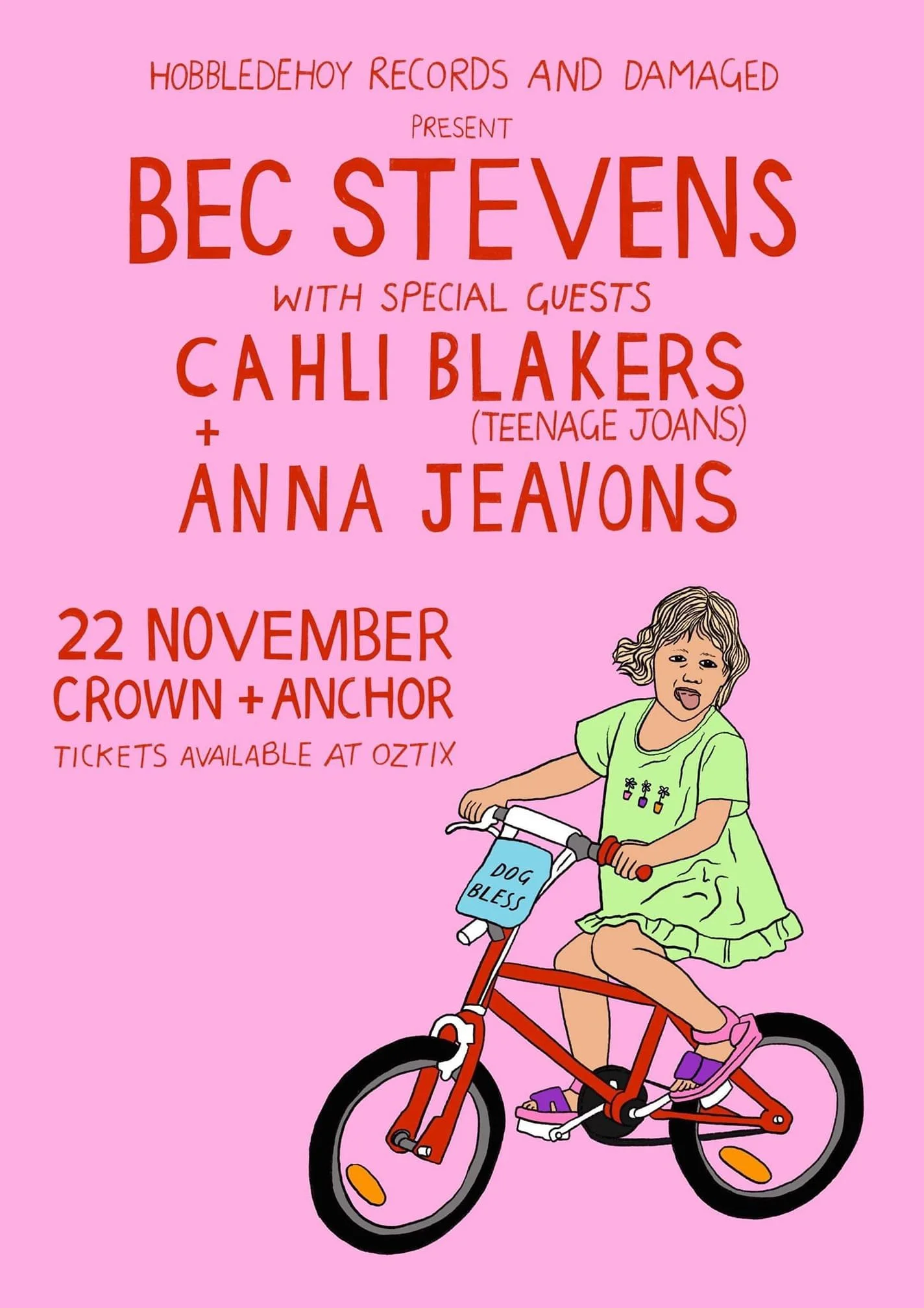 Pink poster advertising a music event featuring Bec Stevens with special guests Cahli Blakers and Anna Jeavons, scheduled at the Crown & Anchor. It features an illustration of a girl in a green dress riding a red bicycle. 