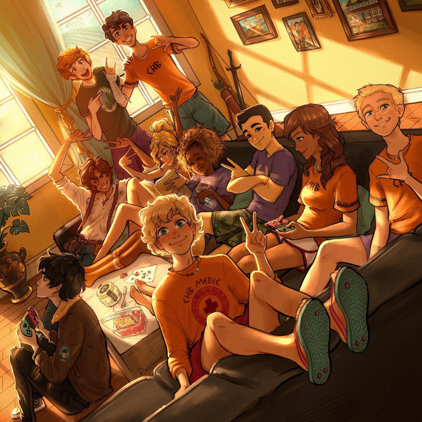 The heroes of Olympus crew hanging out 🍓 how many details can u spot? I hid a TON (swipe for close-ups) ~
.
Um&hellip; hi youguys! It&rsquo;s been a bit since I posted. Sorry about that （ ;・&forall;・）I&rsquo;m back now! Got a lot of new stuff for yo