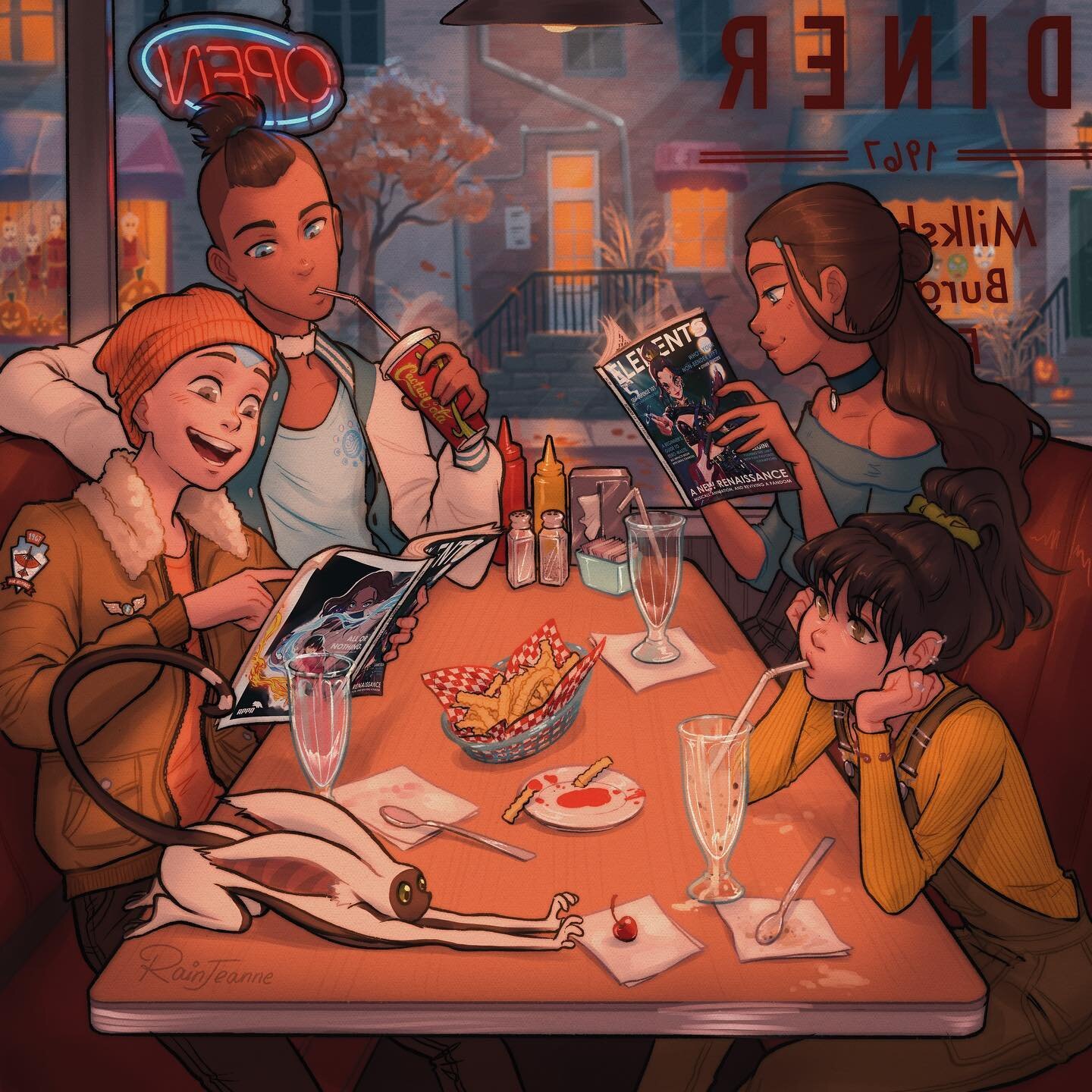 Fall diner vibes with Team Avatar 🍂 ft. Elements fall edition! AAAAA YOUGUYS I&rsquo;m SO honored to get to be a part of this! (/▽＼*)｡o○♡
.
In case you don&rsquo;t know already, Elements is an ATLA fanzine made to be like a real magazine, with in-un