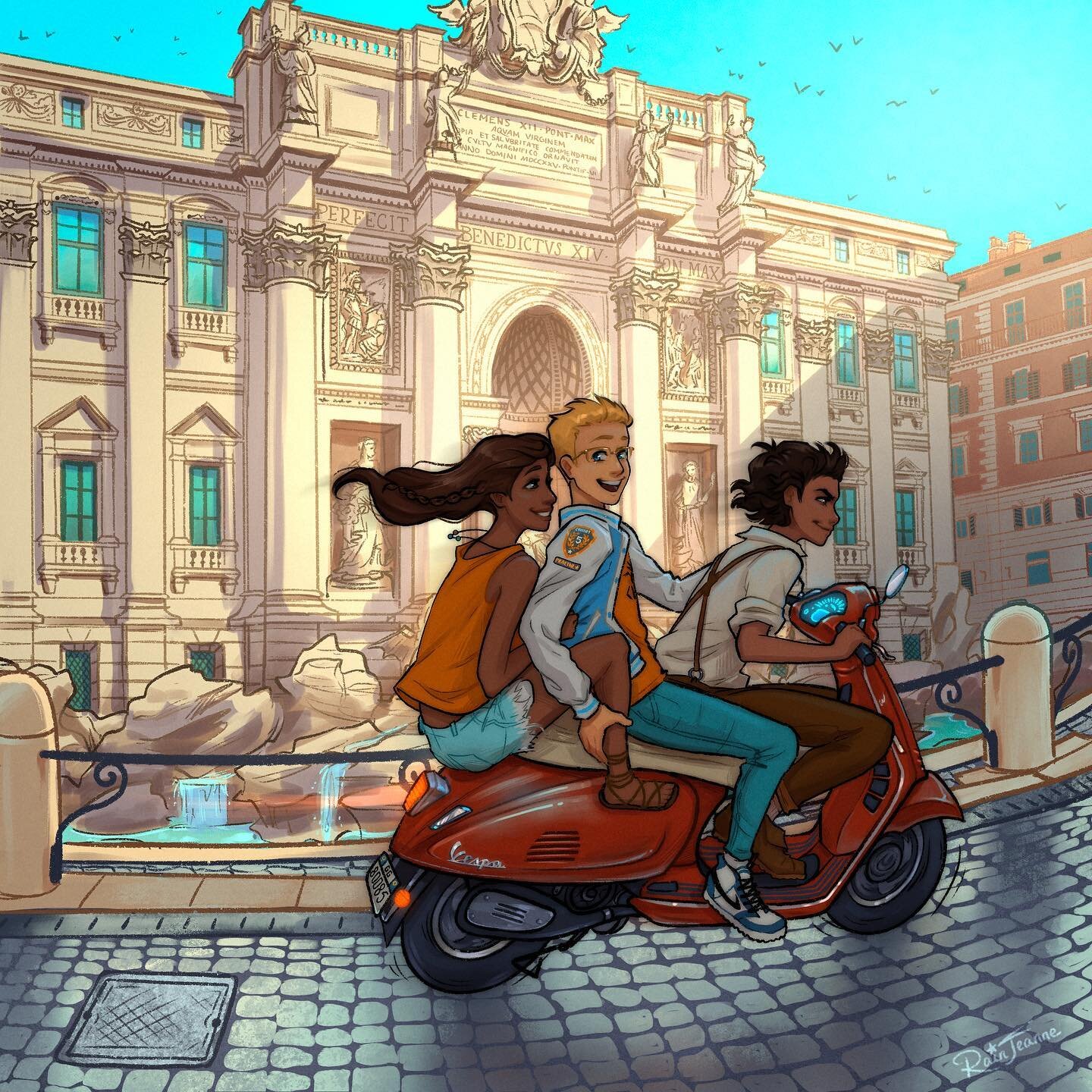 Piper, Jason and Leo in Rome 🛵 This is for the OLYMPUS Zine btw, probably my favorite of the pieces I made (๑&gt;ᴗ&lt;๑)🧡 And even with the frankly RIDICULOUS level of detail of the Trevi Fountain and Palazzo Poli, this isn&rsquo;t even the piece t