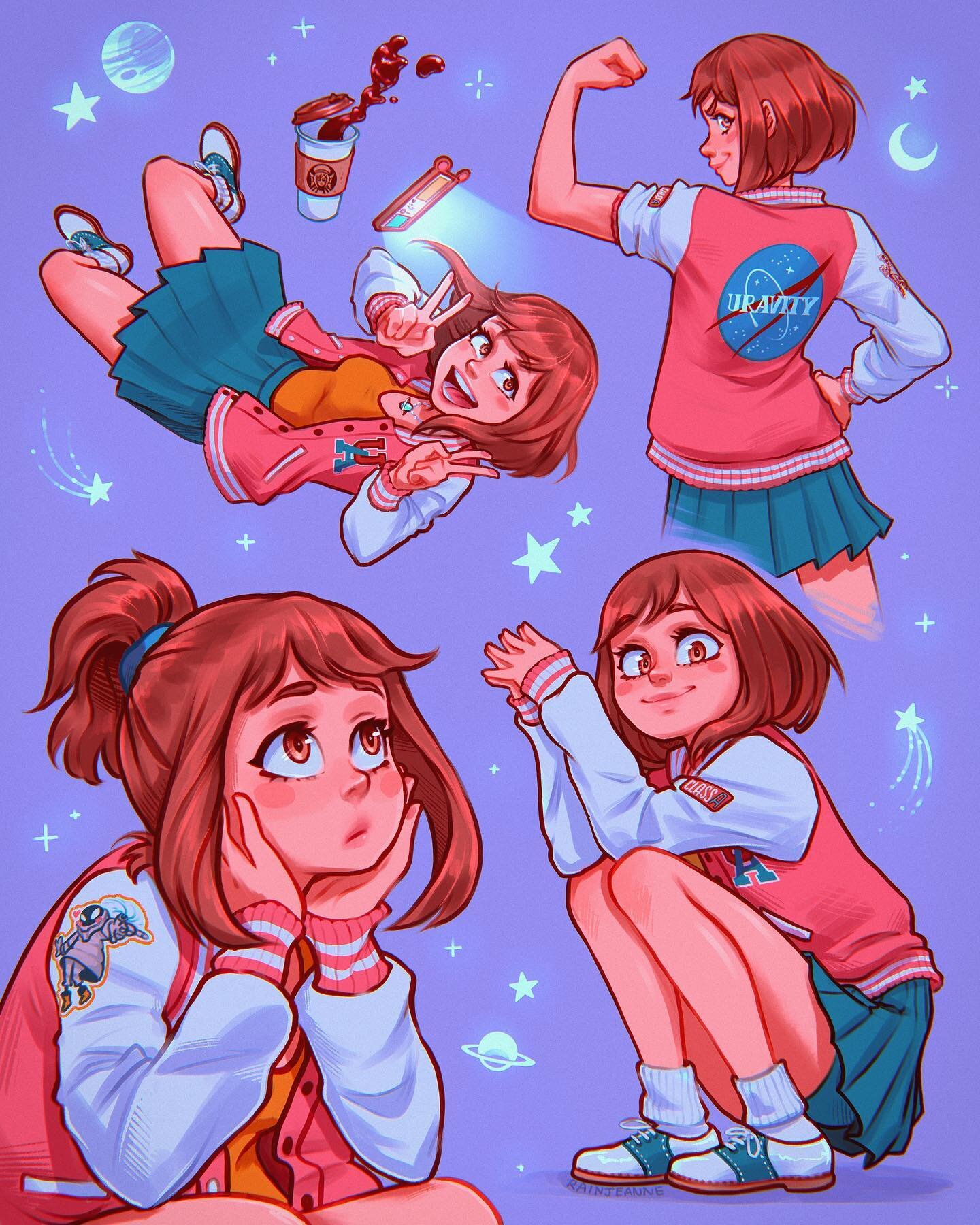 Uraraka in a varsity jacket because I&rsquo;m obsessed with those (ﾉ&acute;ヮ&acute;)ﾉ*: ･ﾟ
.
(Also, new icon maybe?)
.
Oops I missed my posting day by&hellip;a bit (￣▽￣*)ゞ I&rsquo;ve been super-stressing about a couple of projects (coming soon!)
.
Tb