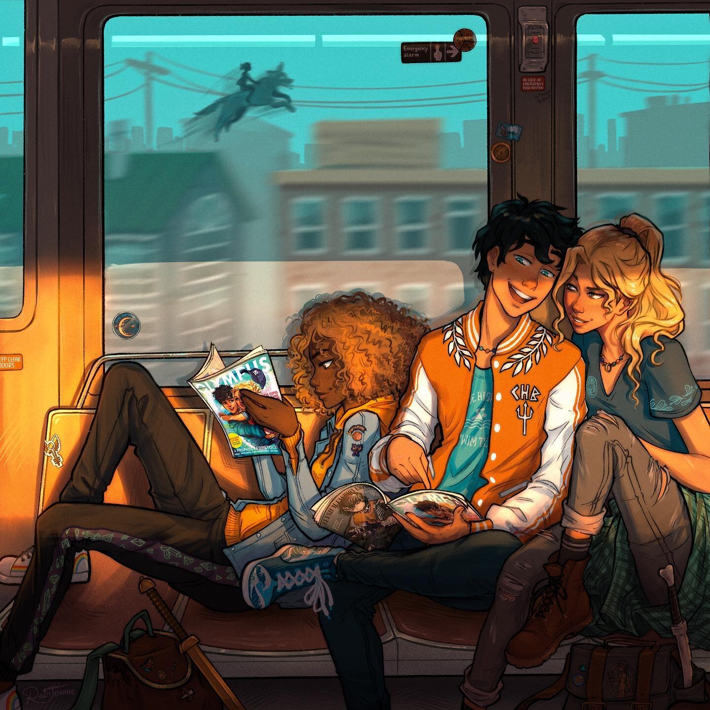 Some demigods on the train 🔱 ft. OLYMPUS Zine! Swipe for details + bonus sketch ~ 
.
(Is this even a train? Subway? Above-ground metro? Idek they&rsquo;re questing)
.
Been busier than usual lately doing Percy Jackson - themed art for this Zine and I