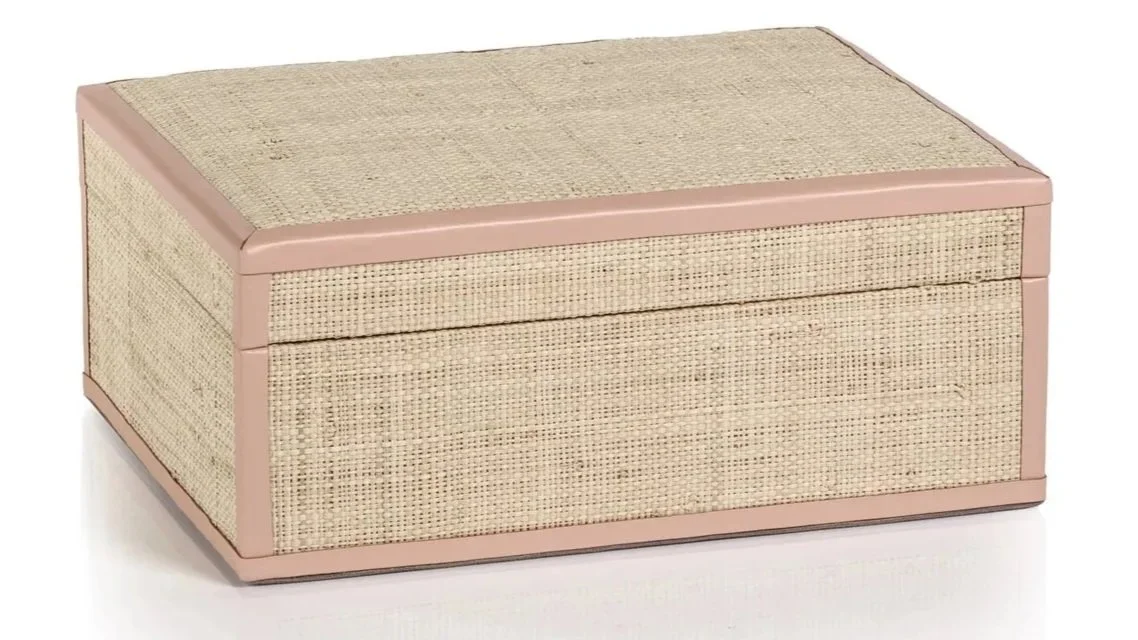 Natural Fiber Raffia Box with Pink Leather Trim - Small