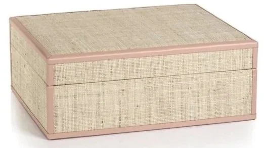 Natural Fiber Raffia Box with Pink Leather Trim - Large