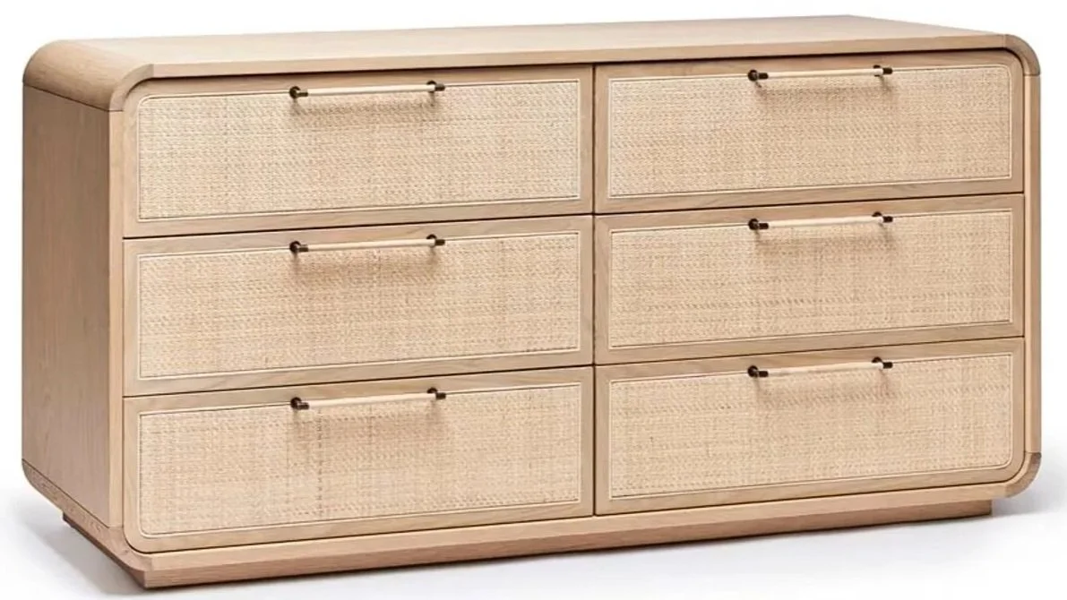 6 Drawer Oak &amp; Rattan