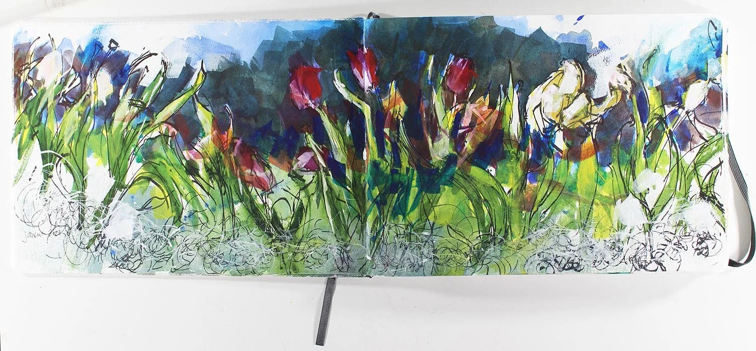 “Tulip Field”, mixed media, 8”x23”, sold