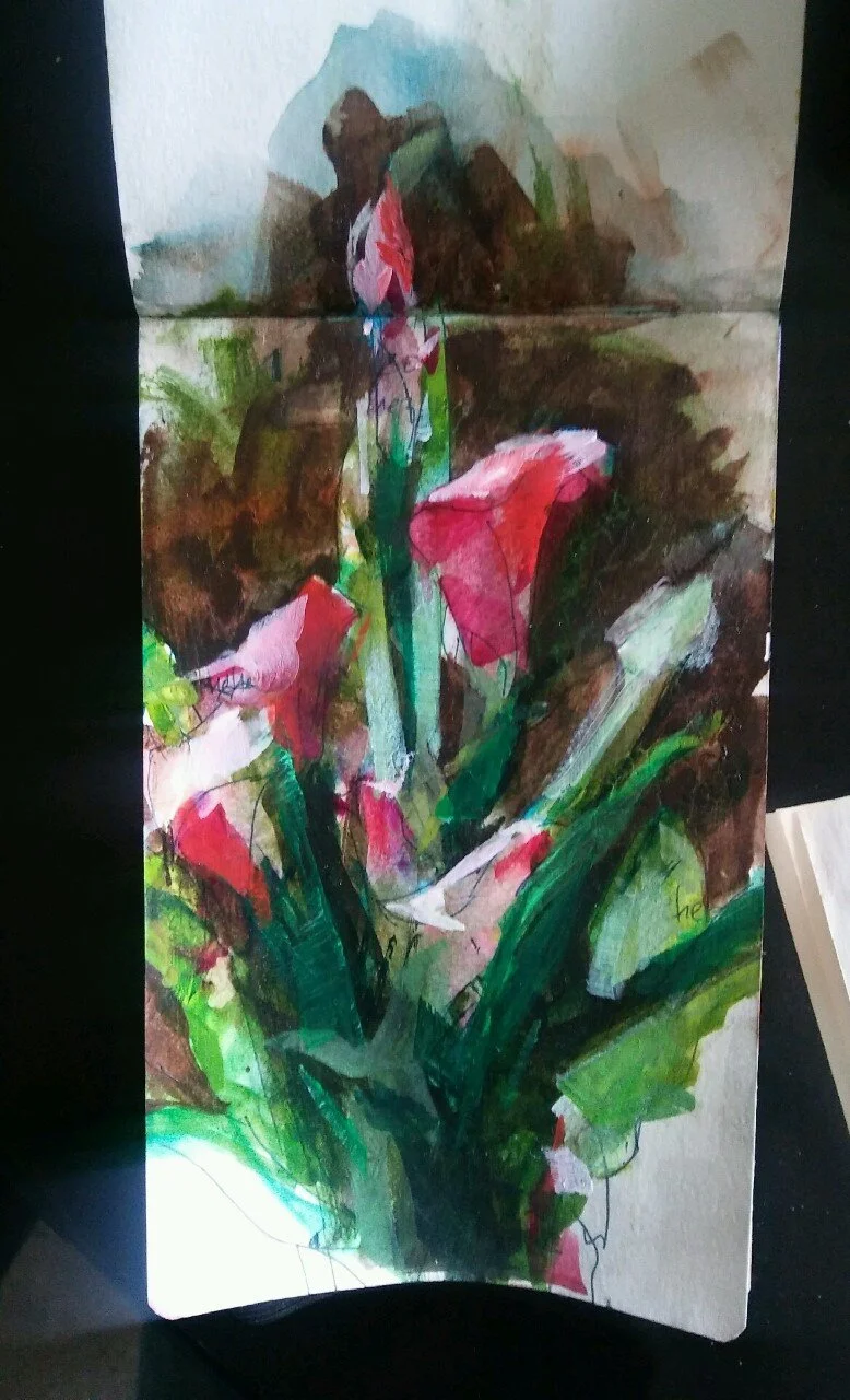 “Sketchbook Lillies”, mixed media, 6”x14”