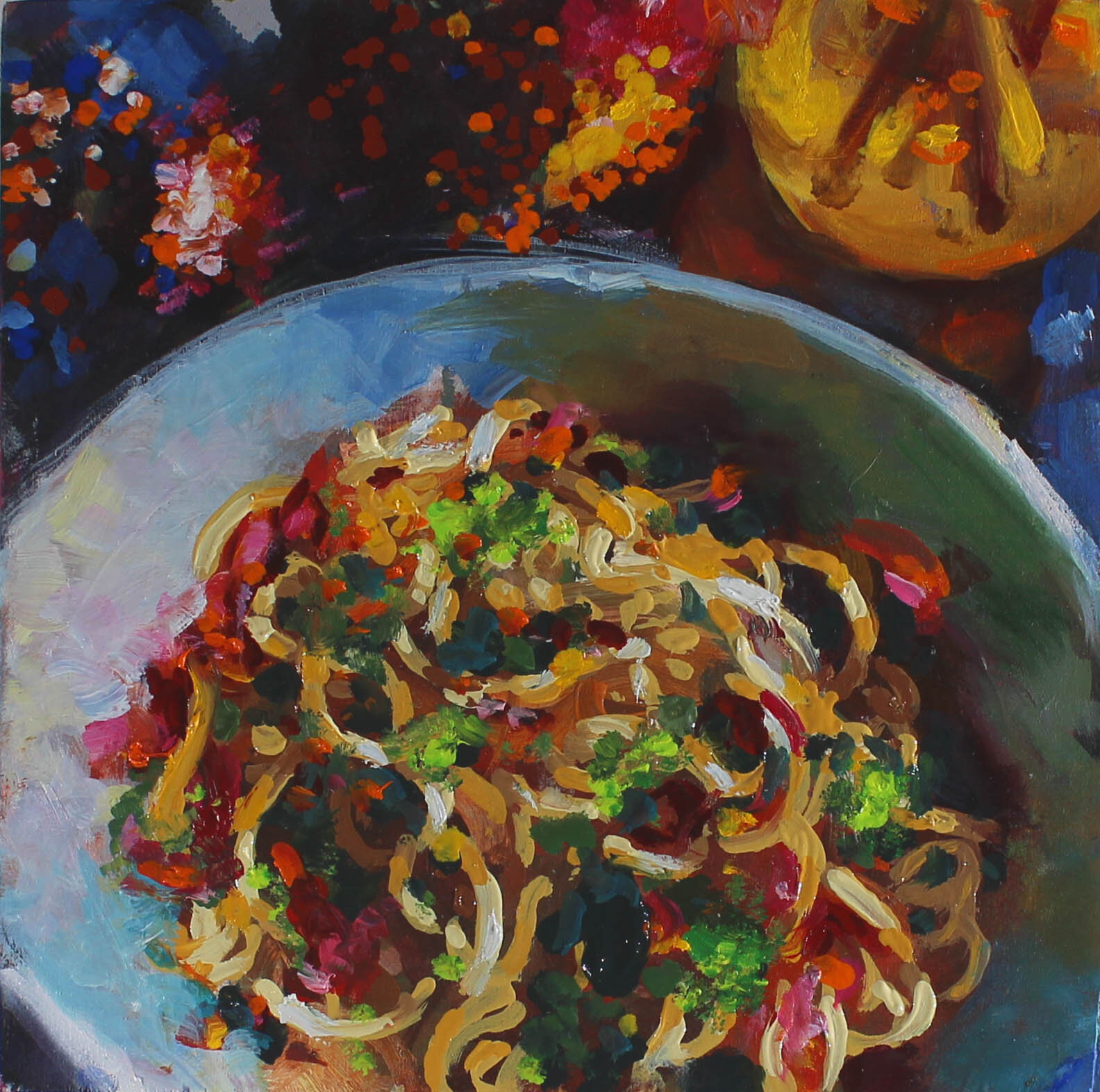 “Pesto Bowl”, oil, 6”x6”