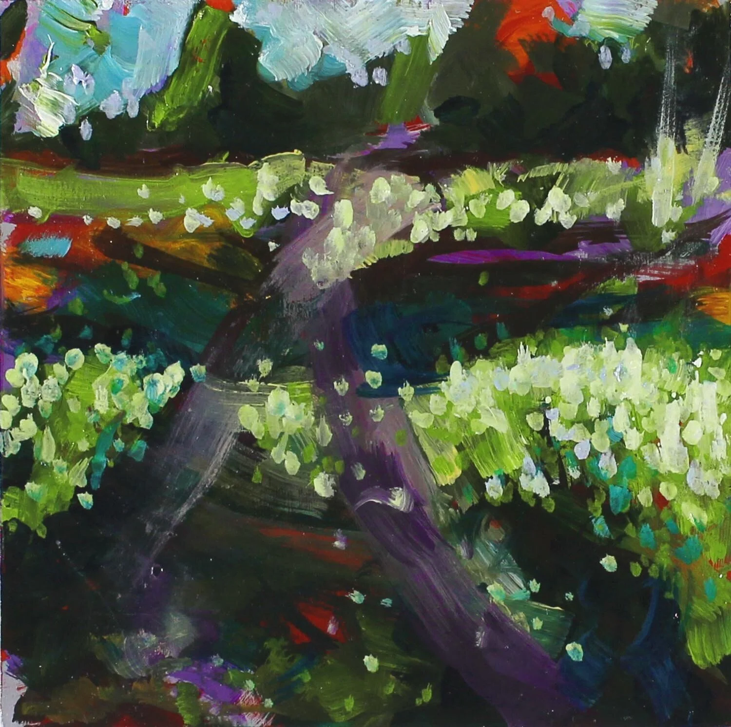 “Wintergarden, 2 Track Trail”, oil, 6”x6”