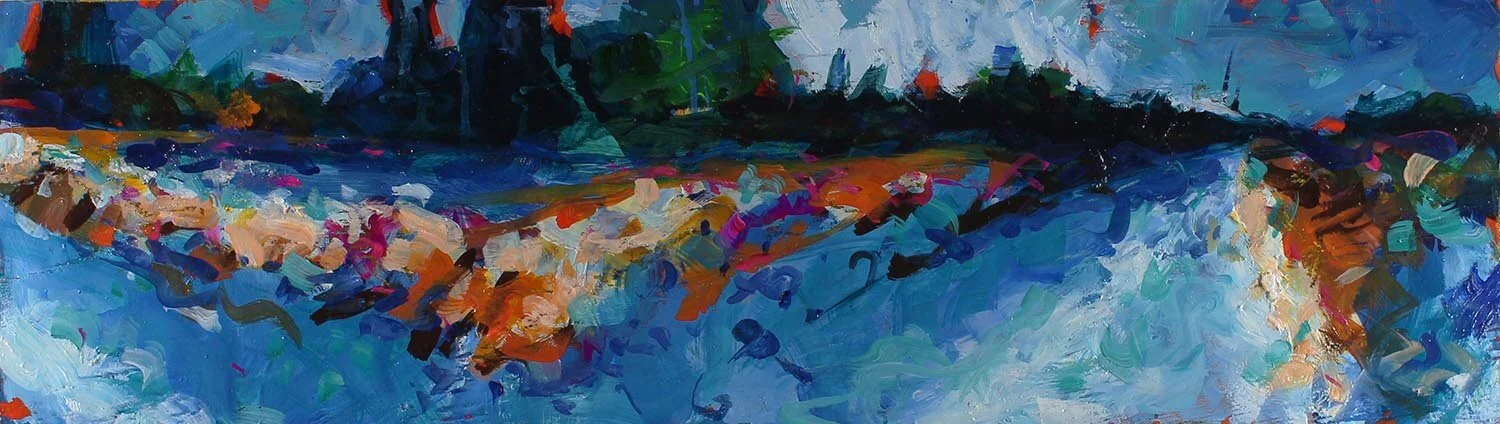 “Wintergarden, Snow Trail Corner”, oil and metal foil on panel, 6”x21”