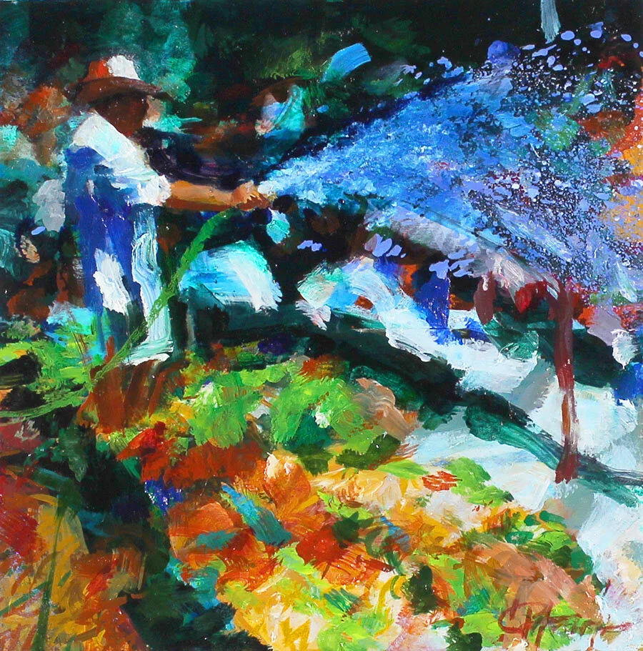 “Bruce Watering”, oil, 6” x 6”.