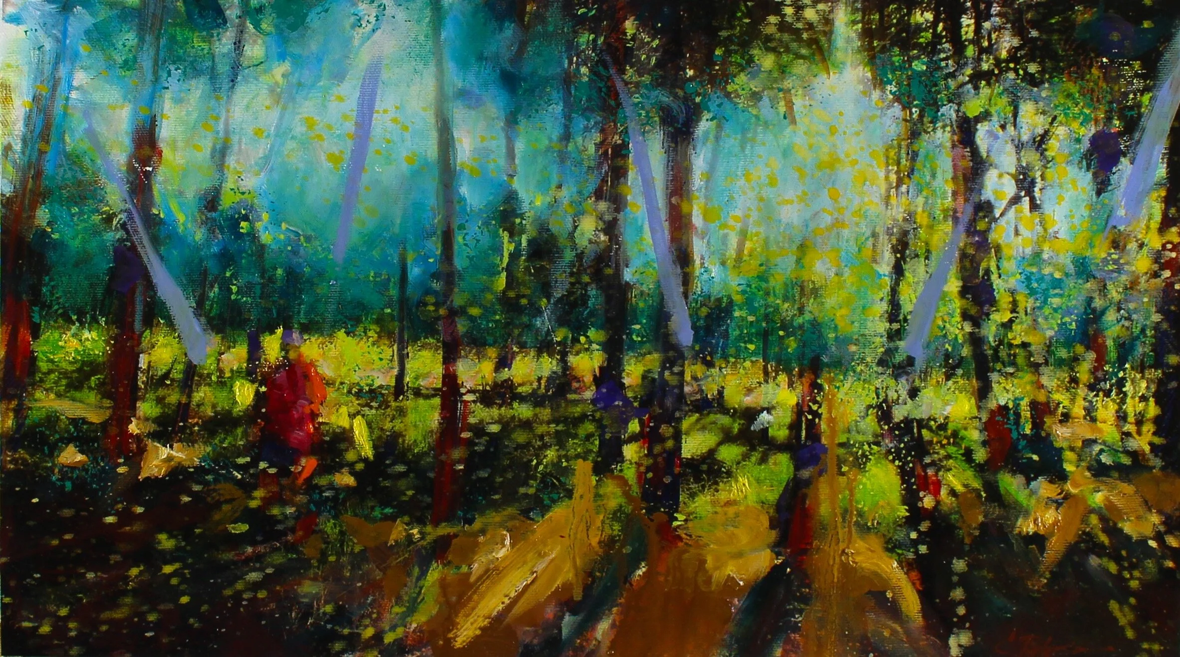 “Betsy Leading an Oak Openings Trail Run”, mixed media, 10” x 18”