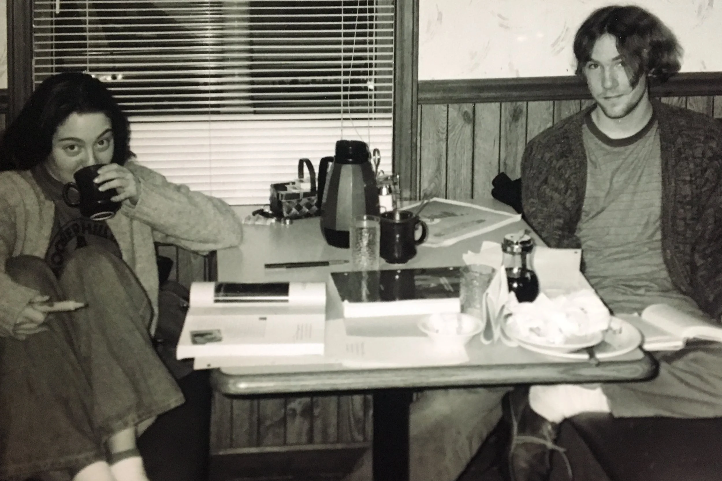 Sara and Drew, AKA the cardigan couple, AKA just kids. Sunshine Cafe, Muncie, IN, 1997.