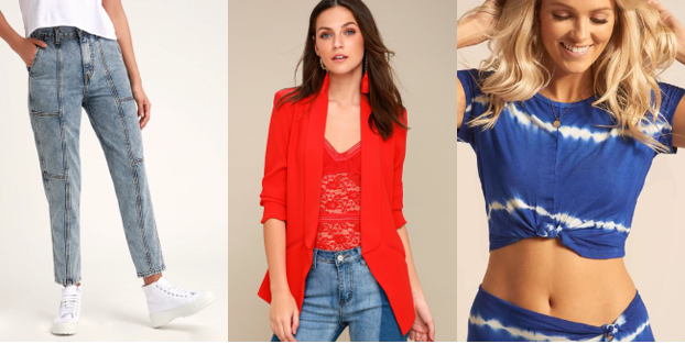 80’s Inspired Lulu’s High Waisted Crop Jeans ; Lulu’s Red Blazer & Koy’s Tie Knot Top )