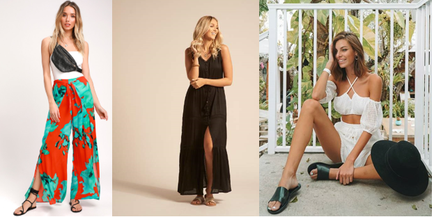 Surfer & Beach Goer ( Lulu’s Red & Teal Blue Print Wrap Pants ; Koy’s Paradise Maxi Dress & Malvados Icon Sandals