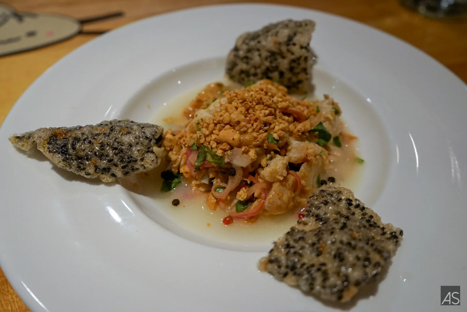 Goi Ca | Halibut crudo | pickled onions | lime juice | roasted peanuts | sesame crackers