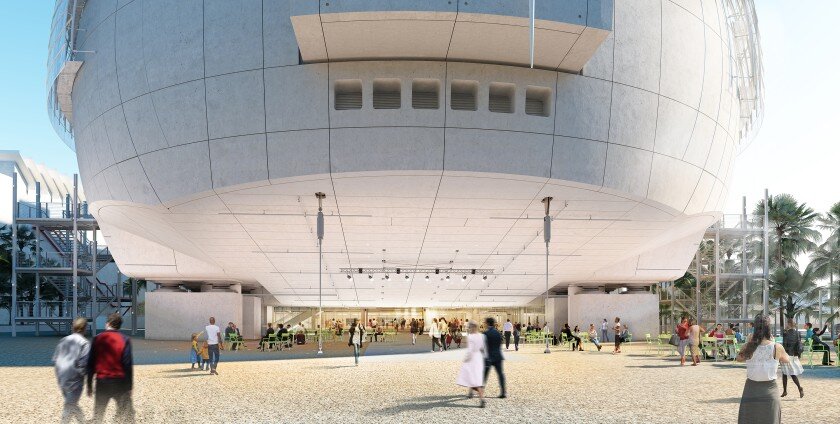   A rendering shows the exterior of the Academy Museum’s David Geffen Theatre, the concrete orb designed by Renzo Piano.    (Renzo Piano Building Workshop / Academy Museum Foundation)  
