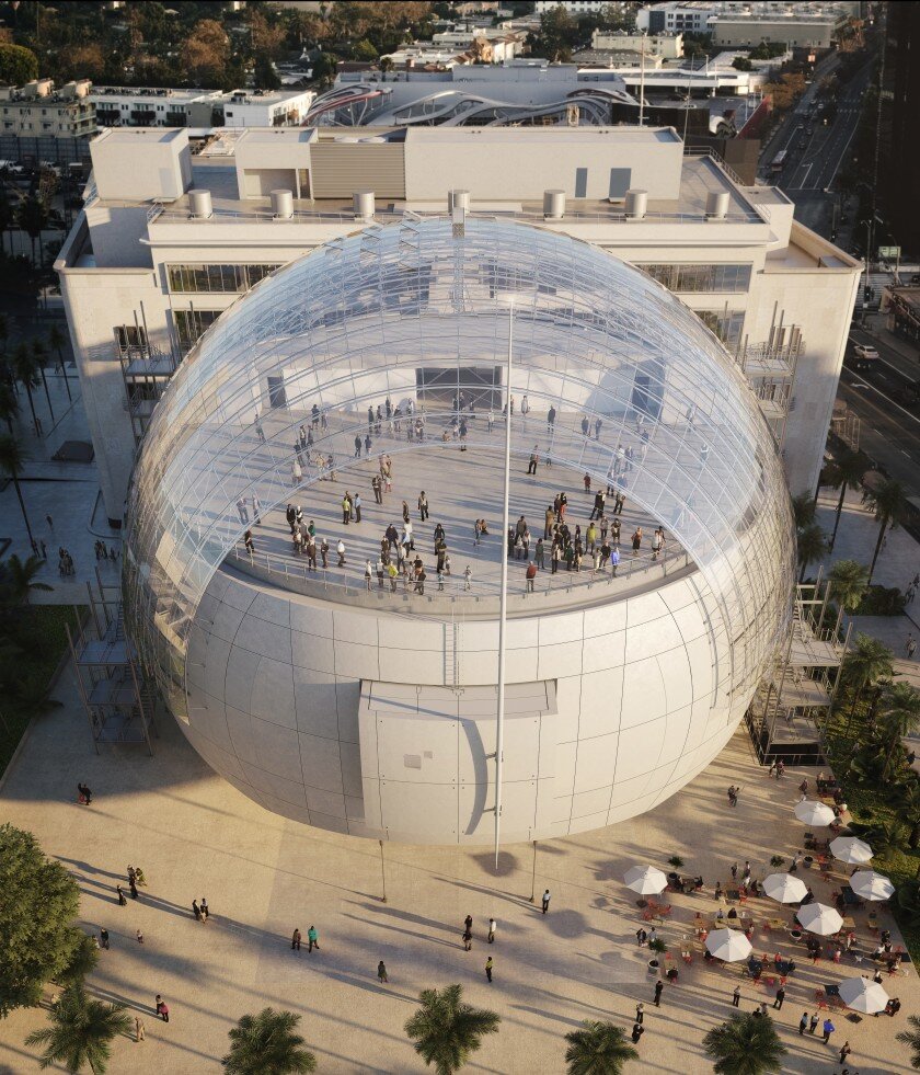   An aerial view rendering of the Academy Museum’s David Geffen Theatre, with domed terrace on top.    (Renzo Piano Building Workshop/Academy Museum Foundation/Image from L’Autre Image.)  