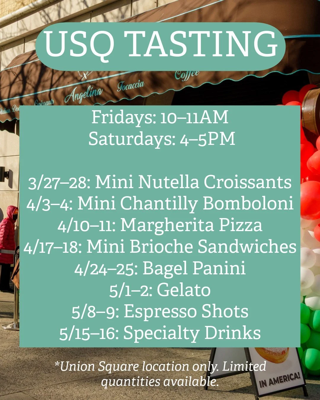 ANGELINA UNION SQUARE FREE TASTINGS, NYC