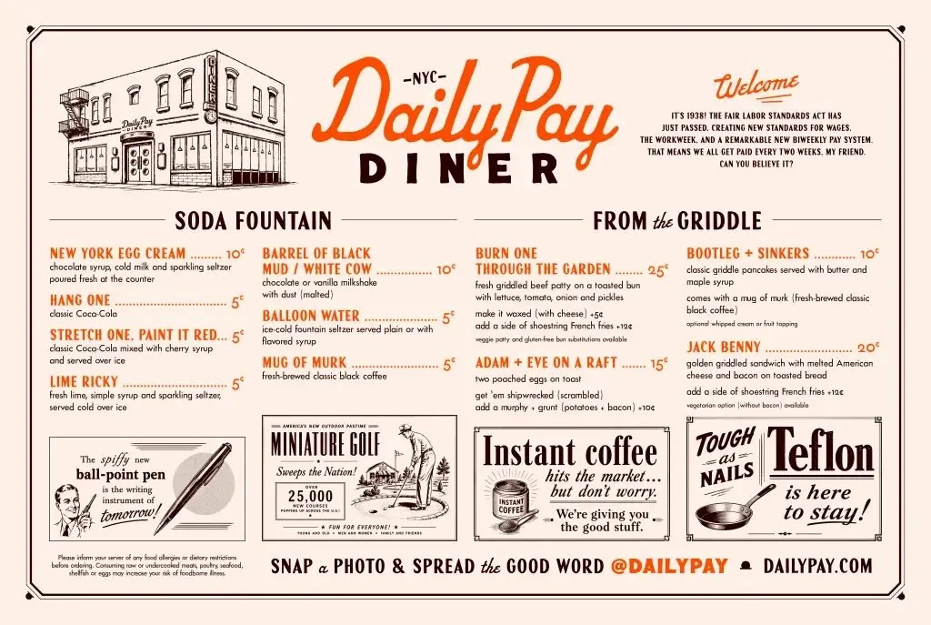 DAILYPAY DINER. 1930S PRICES, NYC