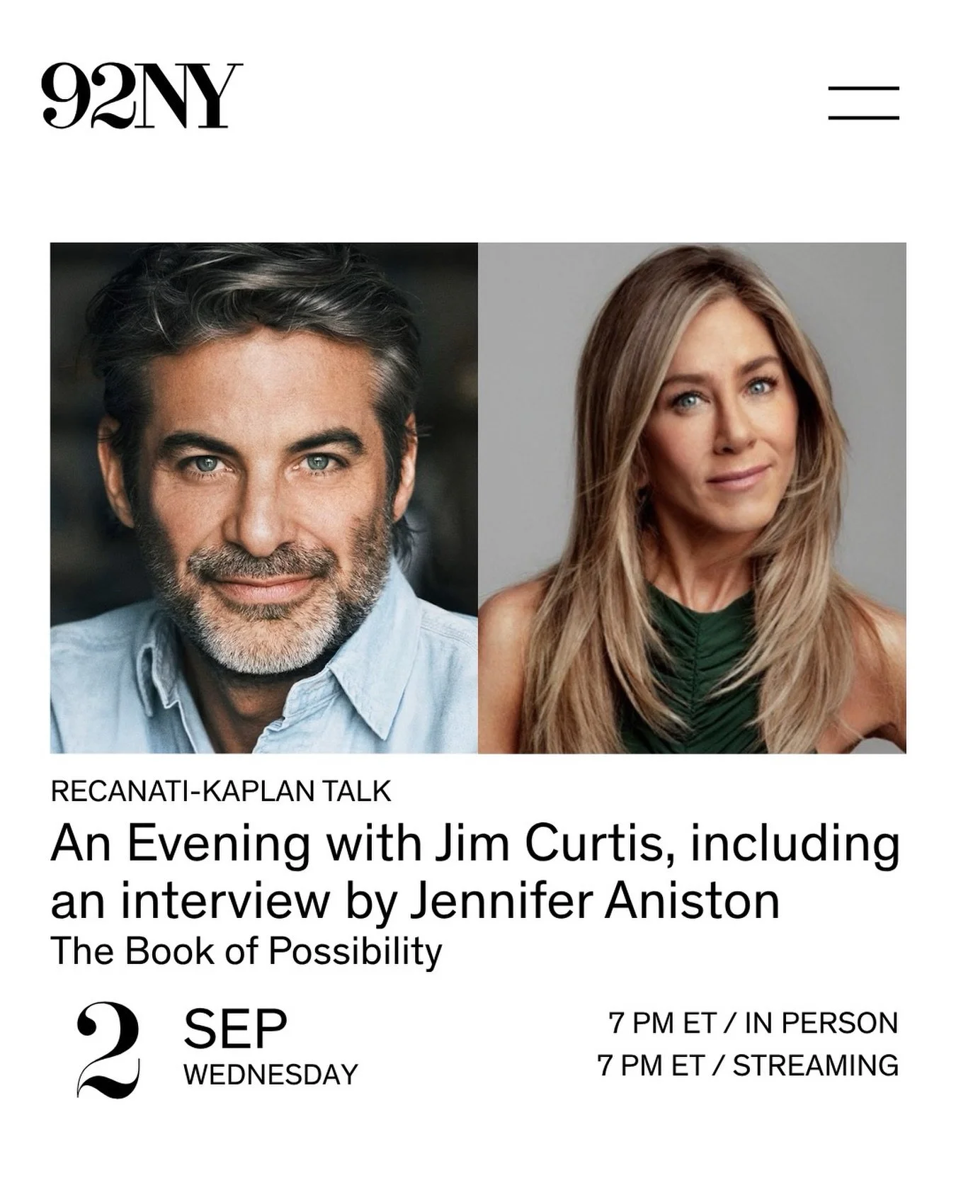 AN EVENING WITH JIM CURTIS AND INTERVIEW WITH JENNIFER ANISTON AT 92NY, NYC