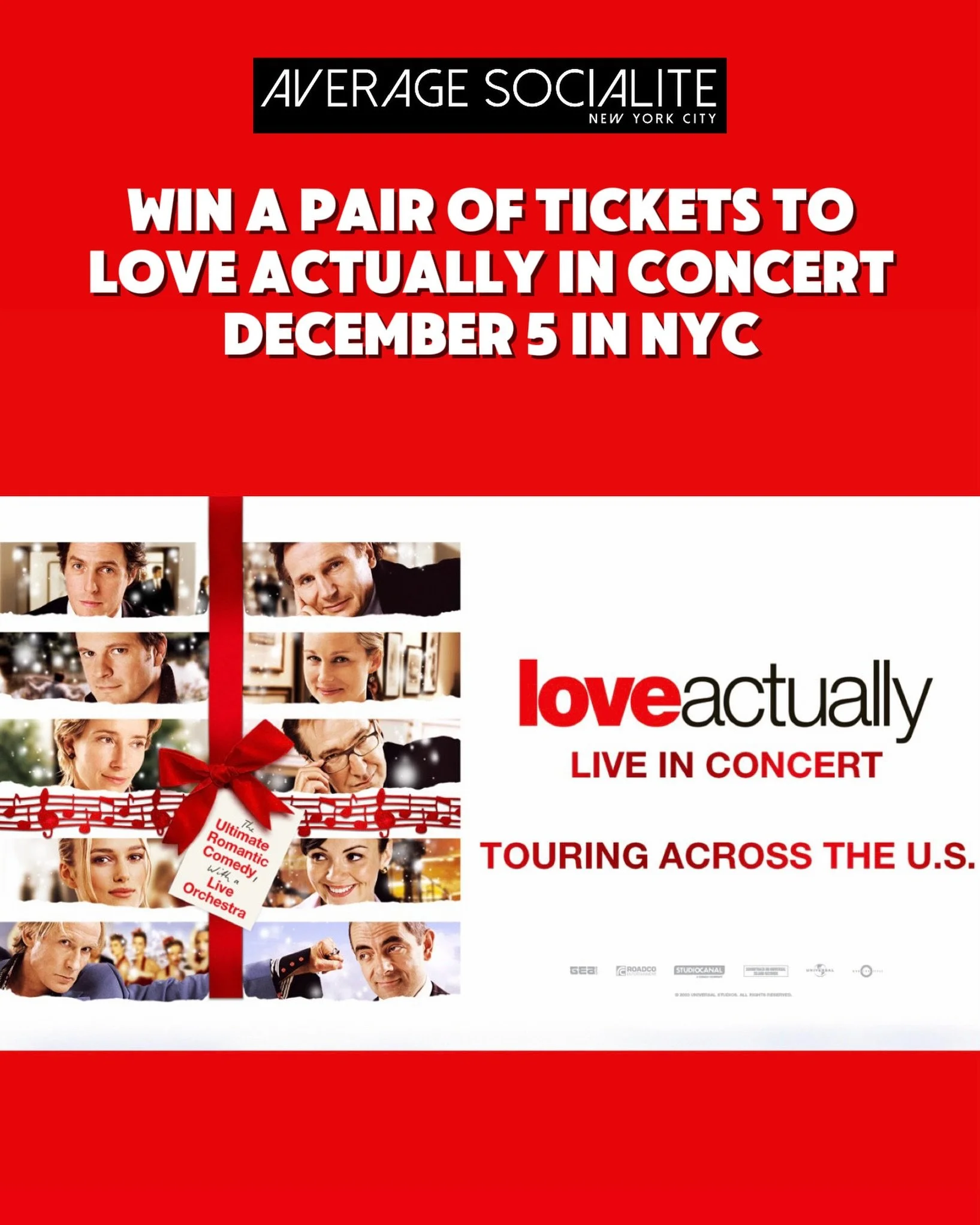 🎄GIVEAWAY🎄Love Actually in Concert is coming to NYC December 5th and we are giving away a pair of tickets! Experience the holiday classic on the big screen with a full live orchestra performing the score. It&rsquo;s officially 100 days until Christ