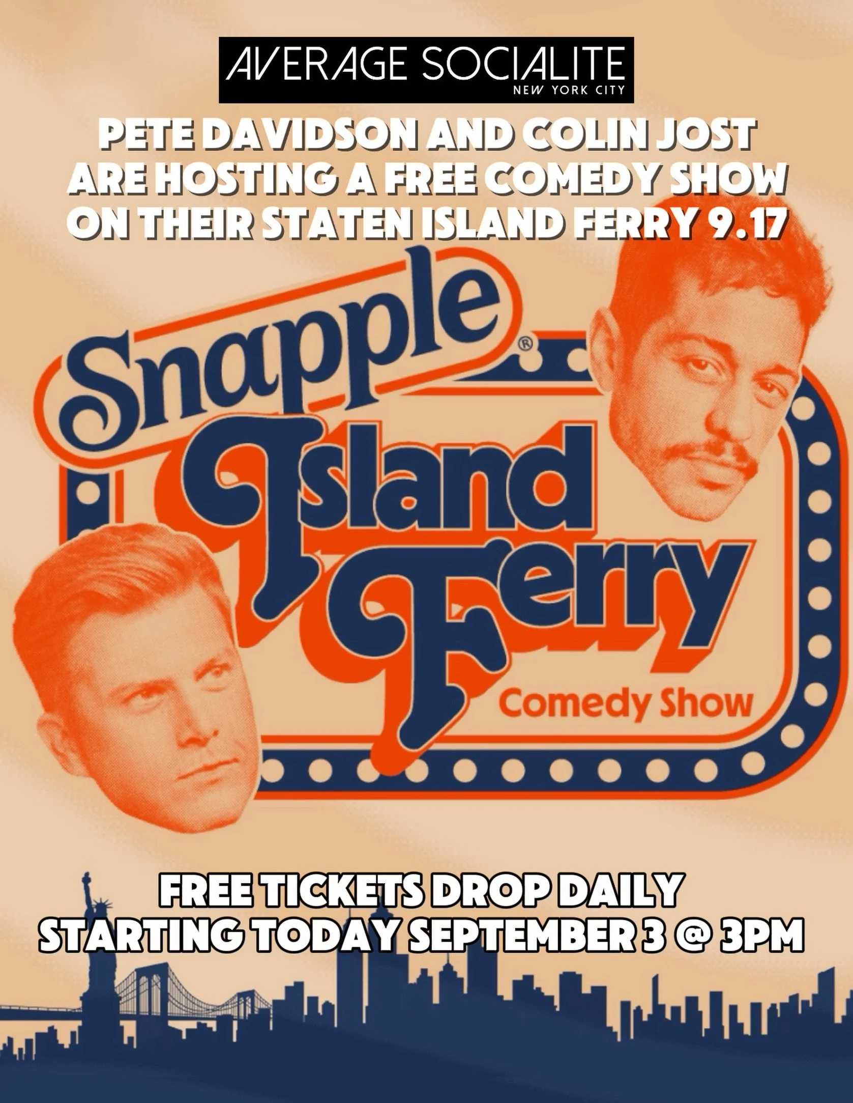 ⛴️ You deserve a night off with free @snapple and free jokes on Pete Davidson and Colin Jost&rsquo;s Ferry. Instead of bringing you to work, they&rsquo;re bringing you a good time. 

Limited ticket drops daily at 3PM EST starting TODAY, September 3! 
