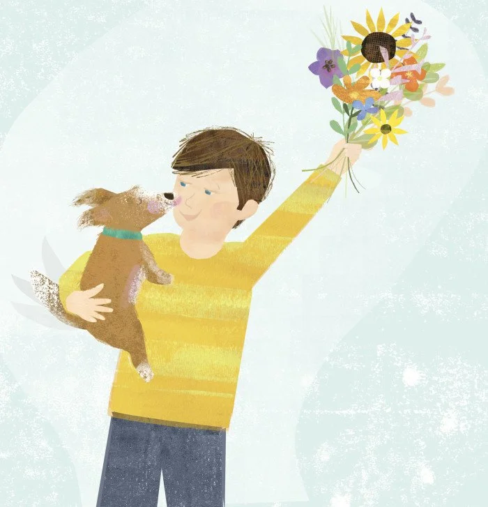 Boy with Flowers and Dog