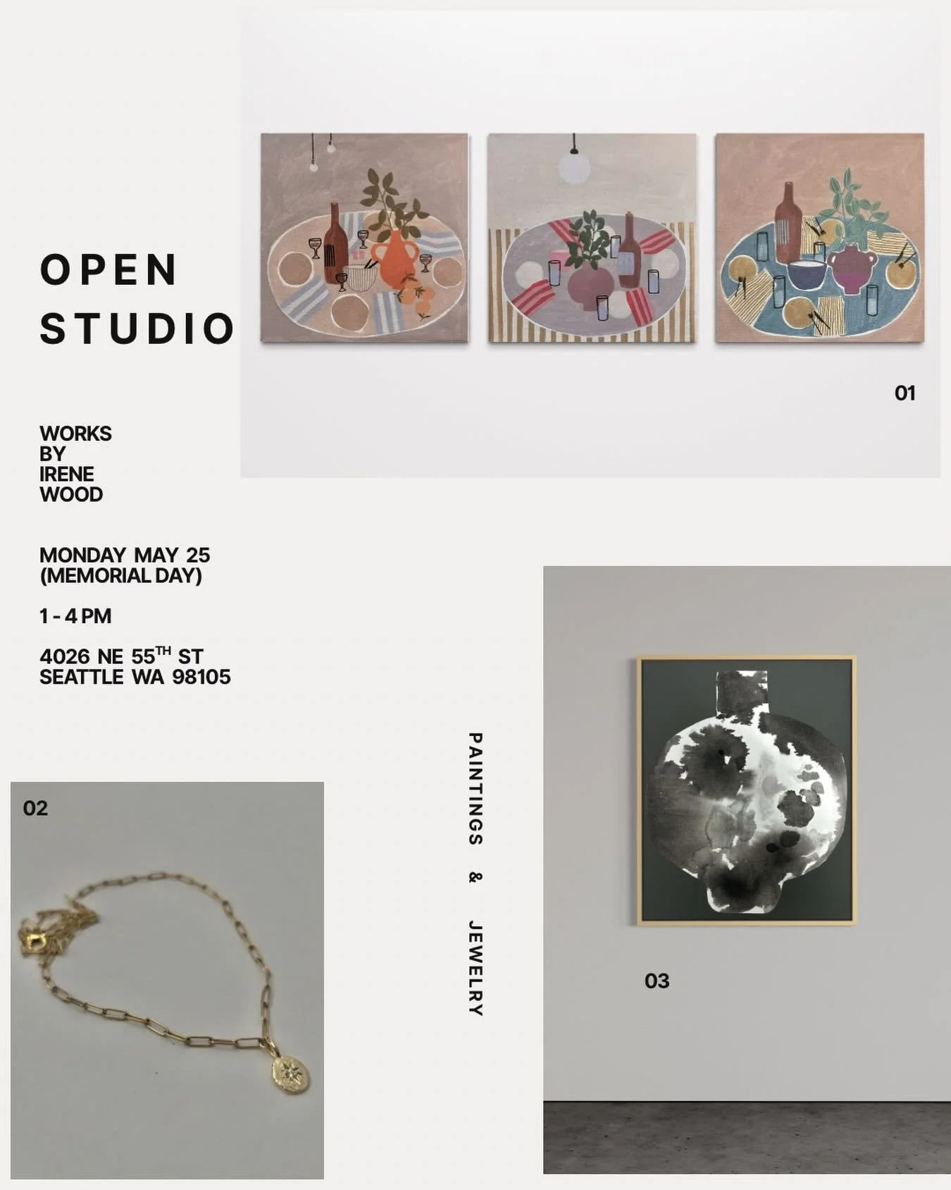 It&rsquo;s on, Seattle pals. Open Studio on Monday, Memorial Day. 1-4pm. Studio is in the hawthorne hills professional center across from metropolitan market in the Bryant/Viewridge neighborhood. 4026 NE 55th St 98105