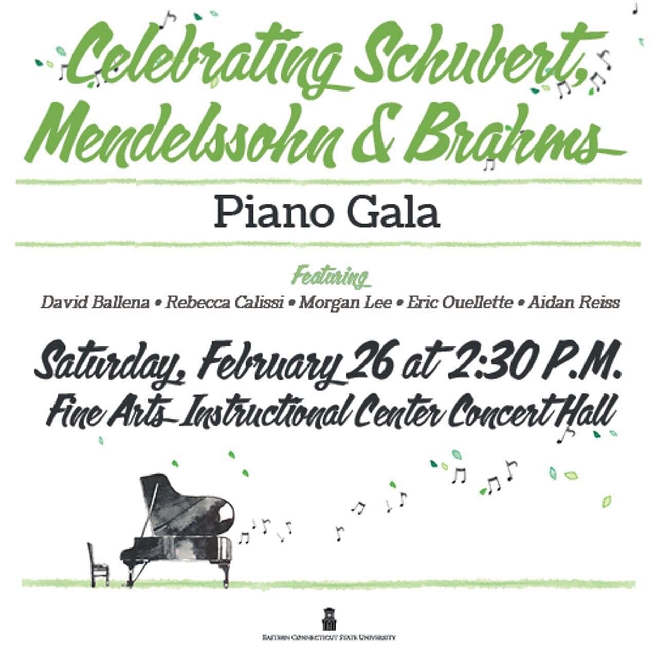 This Saturday @musicateasternct piano faculty and students will perform works by Schubert, Mendelssohn, and Brahms @easternctstateuniv 🎹
&mdash;&mdash;
Come hear me perform Intermezzo in A Major, Op. 118, No. 2 by #brahms 🤗 
&mdash;&mdash;
#piano #