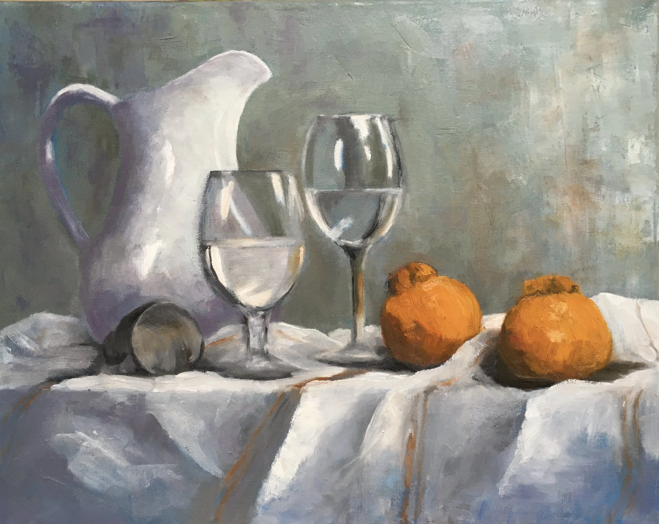 WHITE PITCHER AND ORANGES