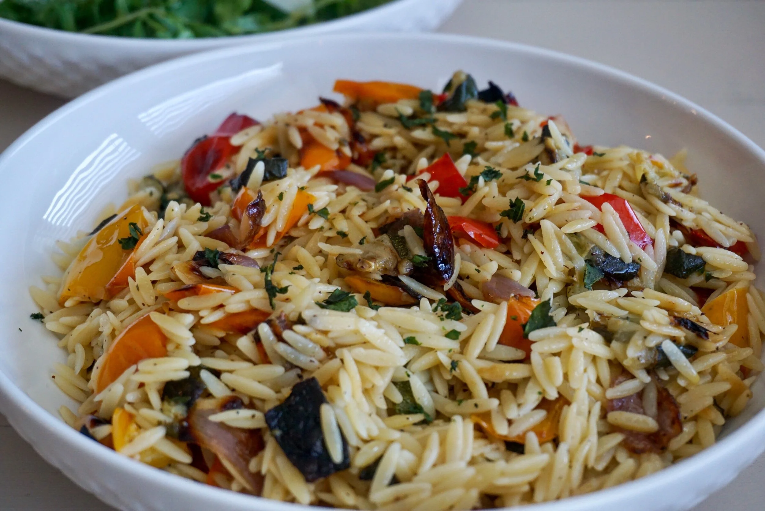 roasted vegetable orzo w/ lemon bail dressing
