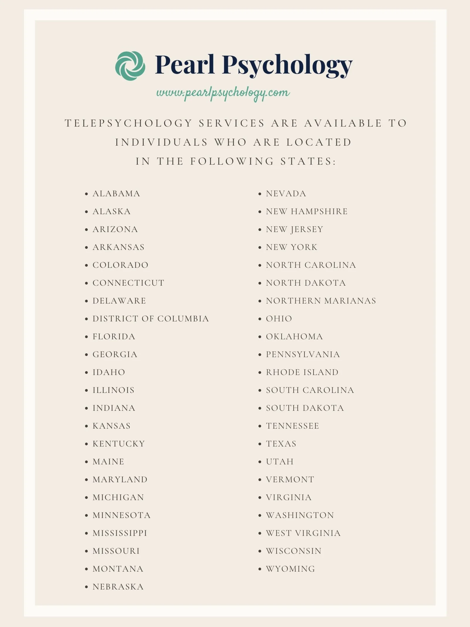 List showing telehealth states served by Pearl Psychology